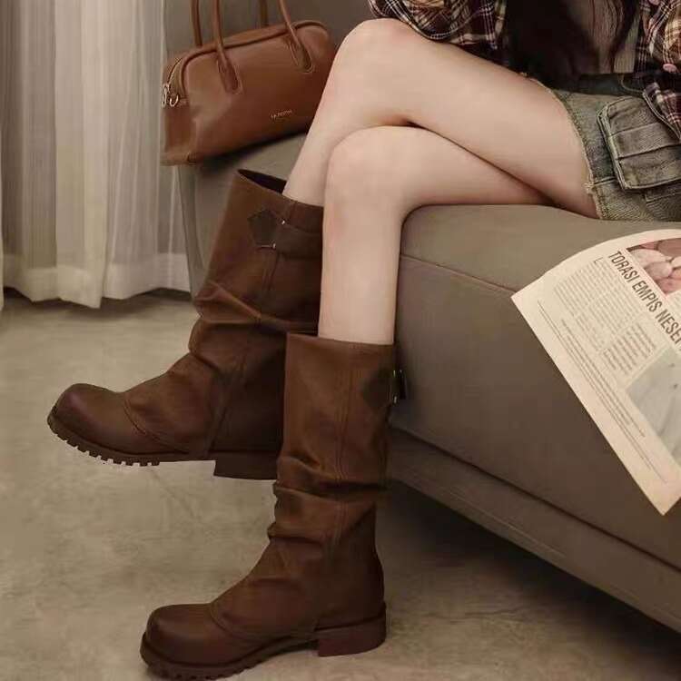 American Style Niche Pleated Slouch Mid-Calf for Women 2024 New Thick Heel Platform Riding Long Boots