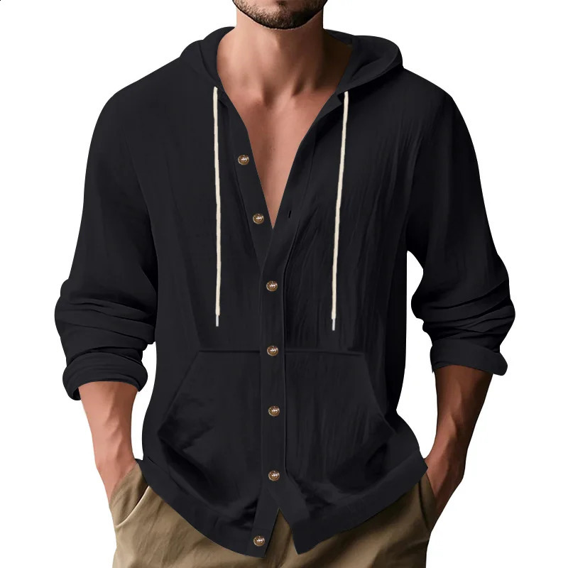 Cross-border Spring and Autumn American Loose Mens Loose Linen Casual Simple Beach Hooded Long Sleeve Shirt 250527