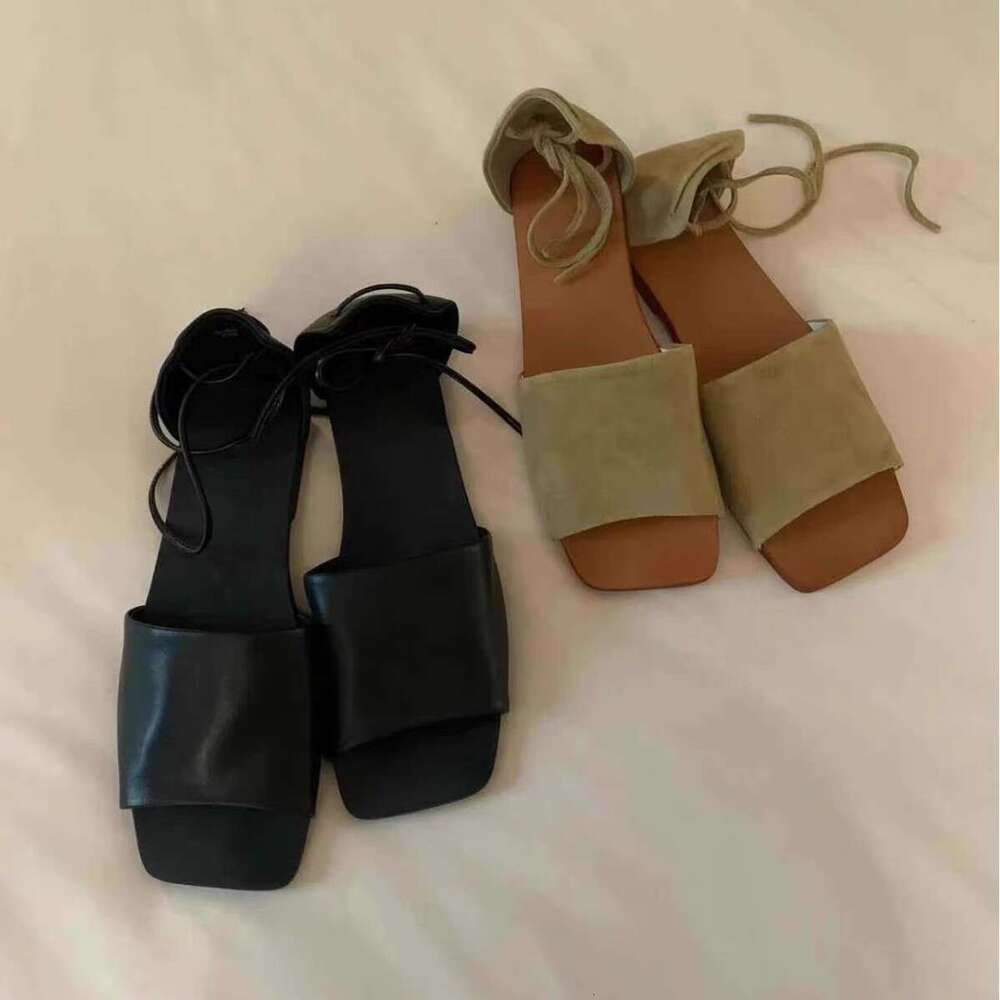 Cowhide Version ~ Korean Style Niche Open-Toe One-Strap Sandals Women 2025 Summer Flat Lace-Up Backless Half Slippers for Outdoor Wear