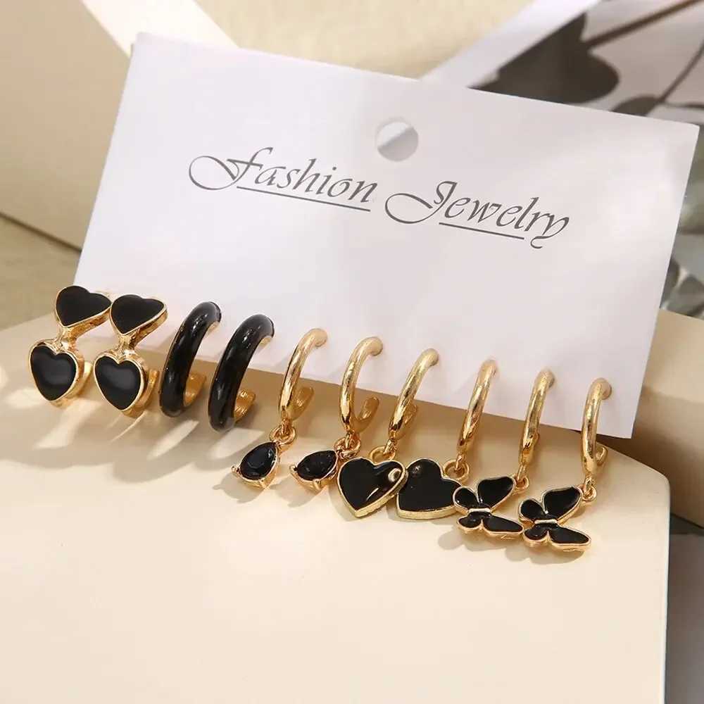 Simple 11 Pcs Black Heart Leaf Butterfly Earrings Set for Women Fashion Temperament Hoop Earring Holiday Wedding Jewelry Gift L250527