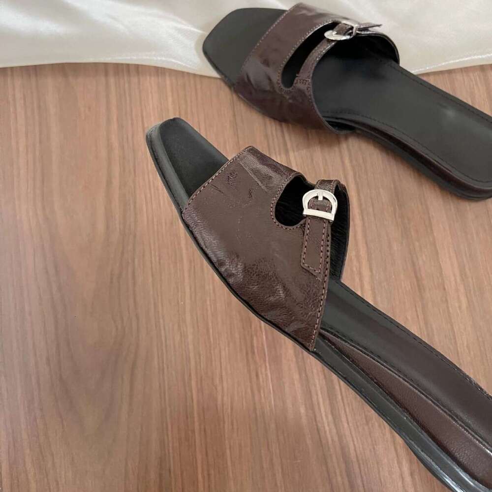 Cowhide Version ~ Small Wedge Open-Toe Square Toe Slip-On for Women Outdoor 2025 Summer New Beach Sandals