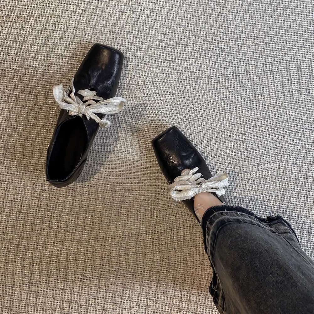Genuine Artistic Style Niche Square Toe Lace-up High-end Chunky Heel Single for Women 2025 Spring New Small Leather Shoes