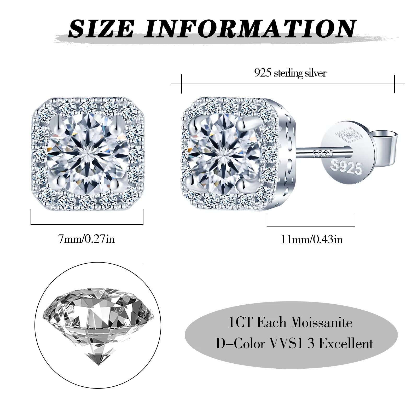 Wholesale VVS1 Moissanite Earring 0.5ct 1ct White Diamond 925 Sterling Silver Square Moissanite Earring