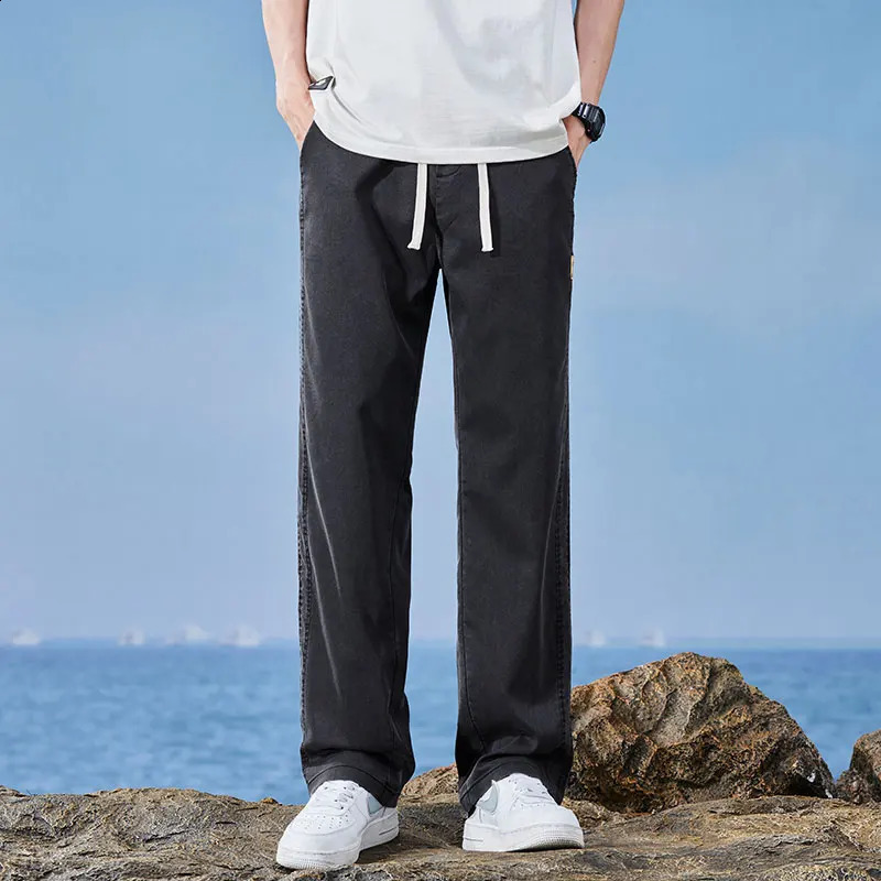 Mens Thin Straight Baggy Jeans Summer Clothes Lyocell Casual Elastic Waist Loose Male Wide Denim Trousers Blue Gray Black 250515