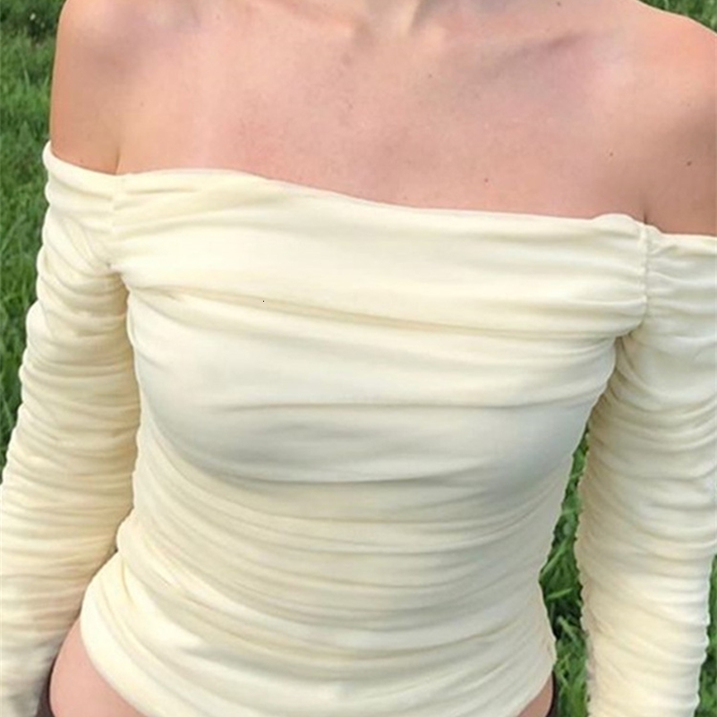 Mesh Patchwork Women Long Sleeve Crop T Shirt Ruched Off Shoulder Bodycon Sexy Elegant Streetwear Spring Summer 250517CJ