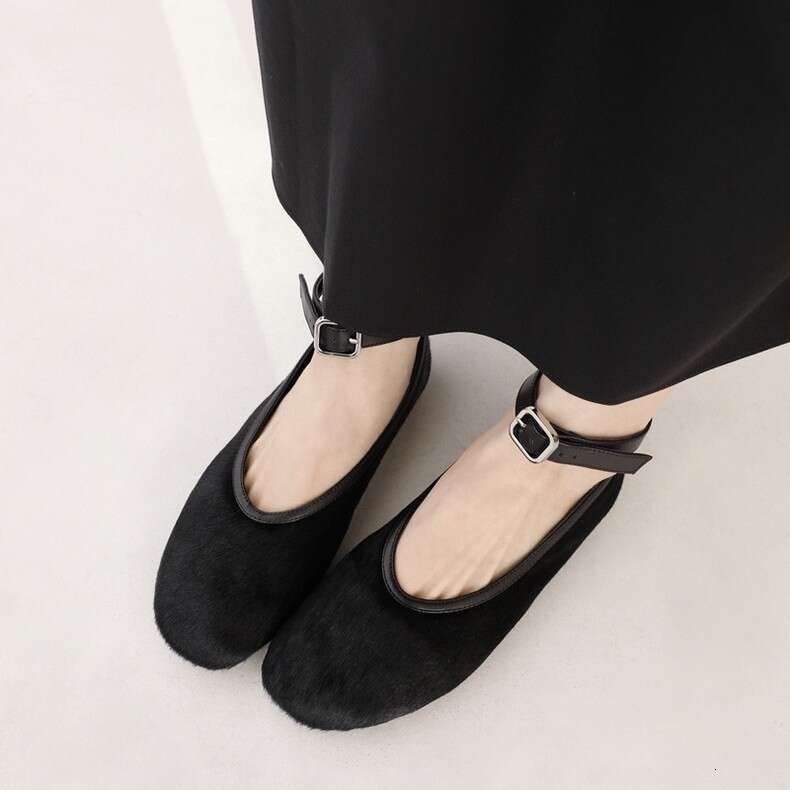 Genuine Leather French Classic Versatile Round Toe Shallow Mouth Ankle Strap Leopard Print Horsehair Flat Red Mary Jane Shoes for Women