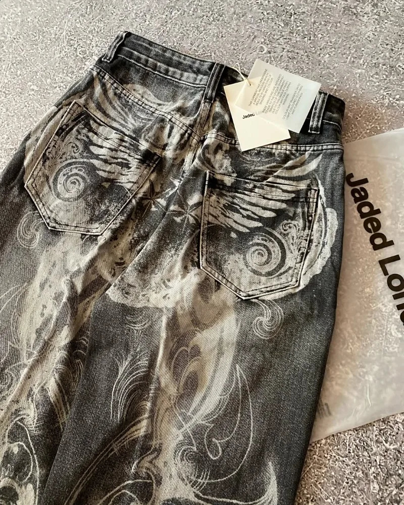 Y2K American Hole Oversized Printing Washed Old Casual Jeans Men Punk Fashion Vintage Hip Hop High Waist Wide Leg Pants 250526