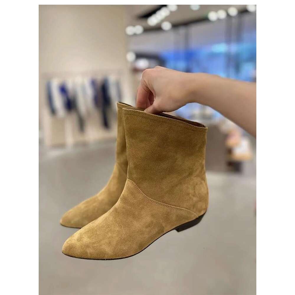 Genuine Leather Slanted Wide Tube Flat Pointed Toe Western Cowboy Small Ankle Slim Short Boots for Women Autumn Winter