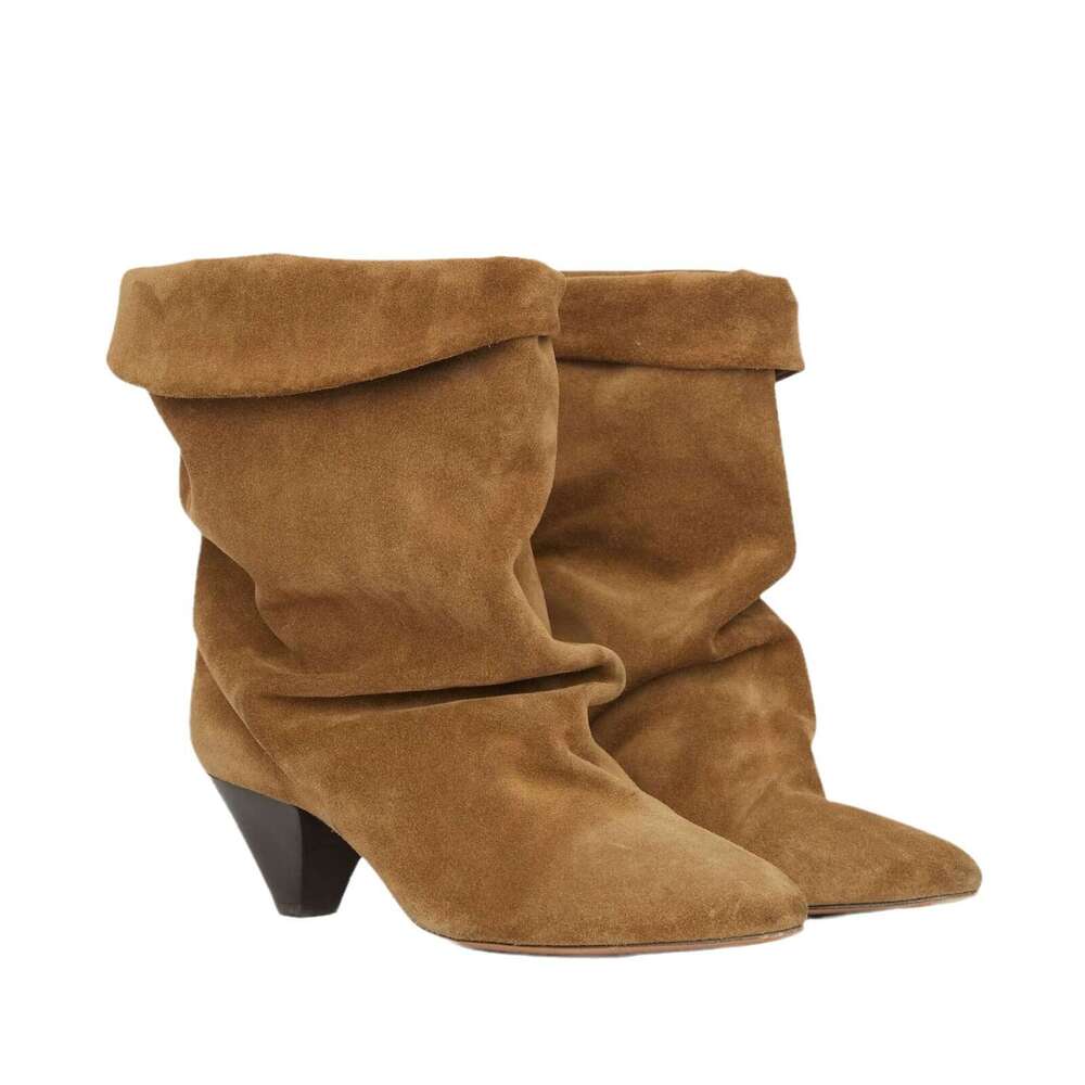Niche Tapered Heel Short Suede Western Cowboy for Women, New Autumn Winter Turn-down Collar Slouch Martin Boots