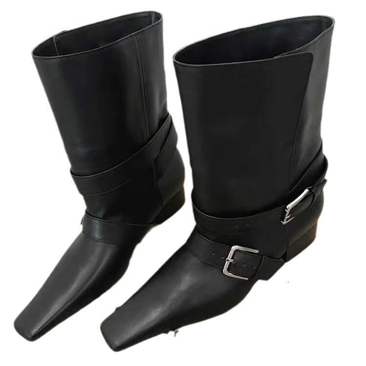 Korean Style Niche Design Turn-down Collar Two-way Small Square Toe Martin for Women 2024 Chunky Heel Chelsea Slim Short Boots