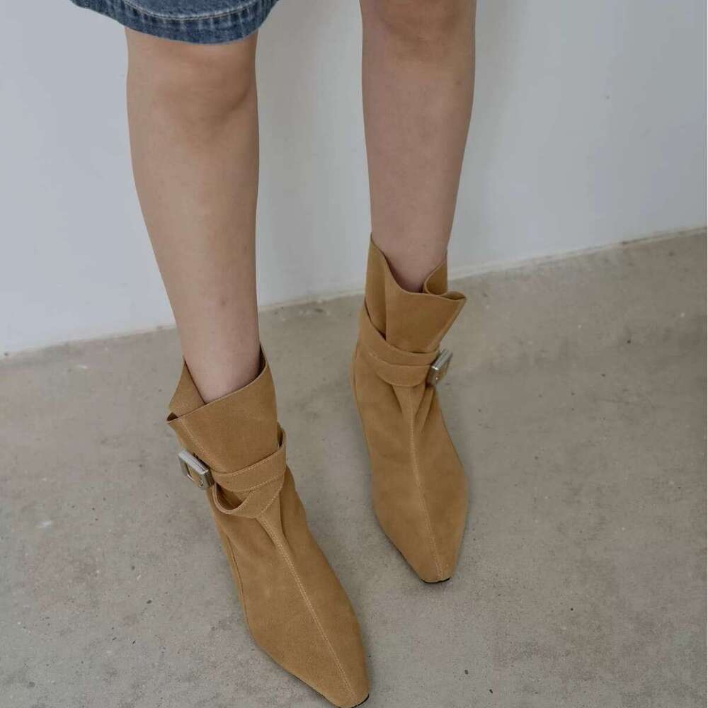 Korean Style Niche Design Square Toe Mid Chunky Heel Belt Buckle Short Slim Women 2024 Autumn Winter Martin Boots