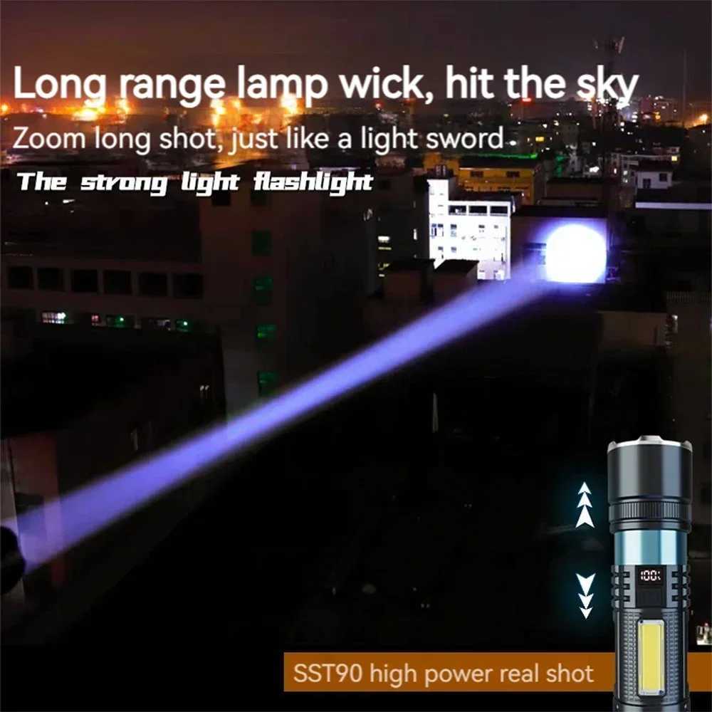 High Power 300W white laser Flashlight COB Strong Light LED Portable Torch USB Rechargeable Built In Battery With Power DisplayXJ250529