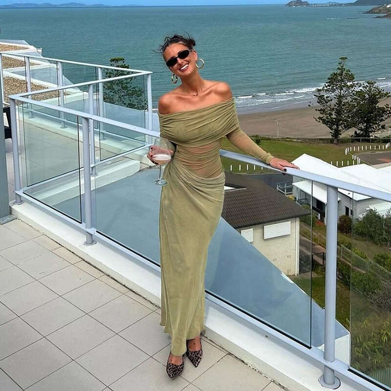 Spring New Women's Fashion Elegant Sexy Off-Shoulder Mesh Sheer Long Dress B5