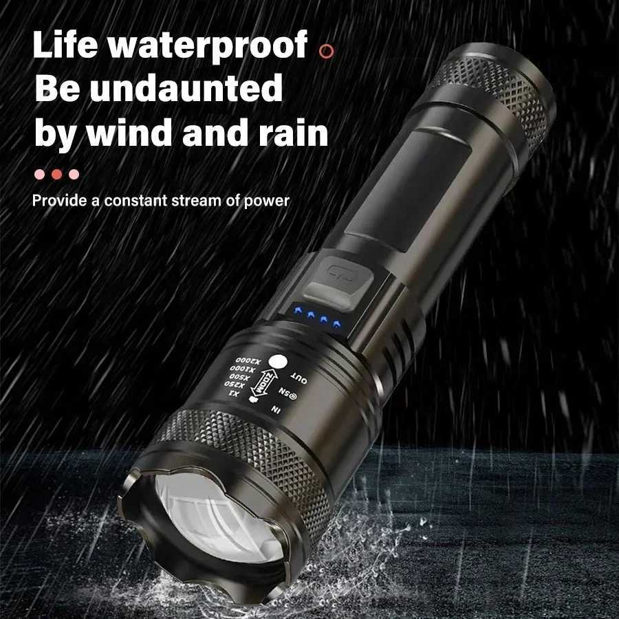 High Strong Power LED Flashlights 2000LM Tactical USB Charging Camping Fishing Emergency Zoom Lantern Torch with Display Light XJ250529