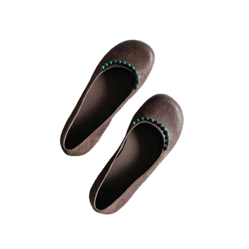 Genuine Leather Beaded Shallow Round Toe Low Heel Single for Women 2025 Spring New Versatile Flat Loafers Women's Shoes