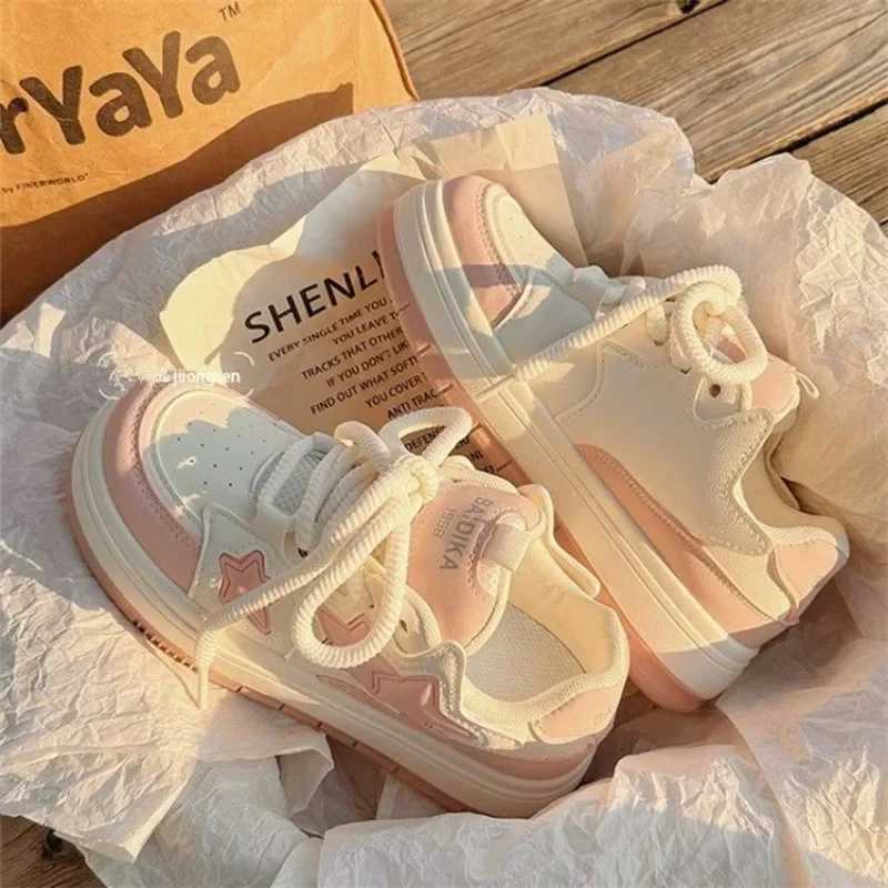 2024 New Korean Shoes Kawaii Pink Platform Sneakers Women Vintage Vulcanized Spring Summer Casual Tennis Female Flats Footwear XJ250529