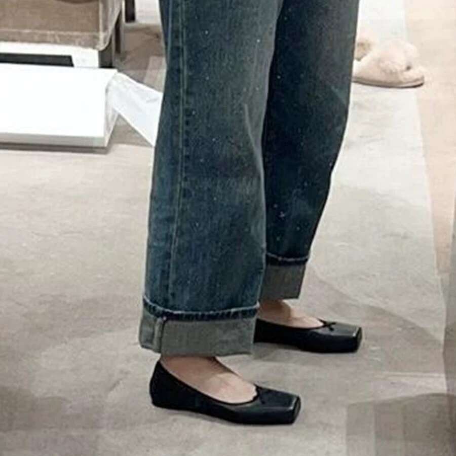 Genuine Leather Korean Style Niche Square Toe Shallow Mouth Bowknot Single for Women Spring and Autumn New Versatile Flat Ballet Shoes Loafers