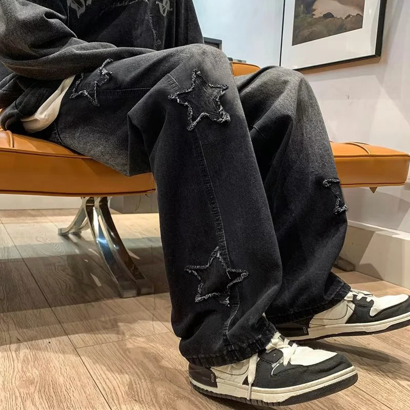 Stars Patchwork Men Jeans Fashion Y2K Tassel Pants Korea Clothes Straight Hip Hop Splicing Trousers Male Streetwear 250526