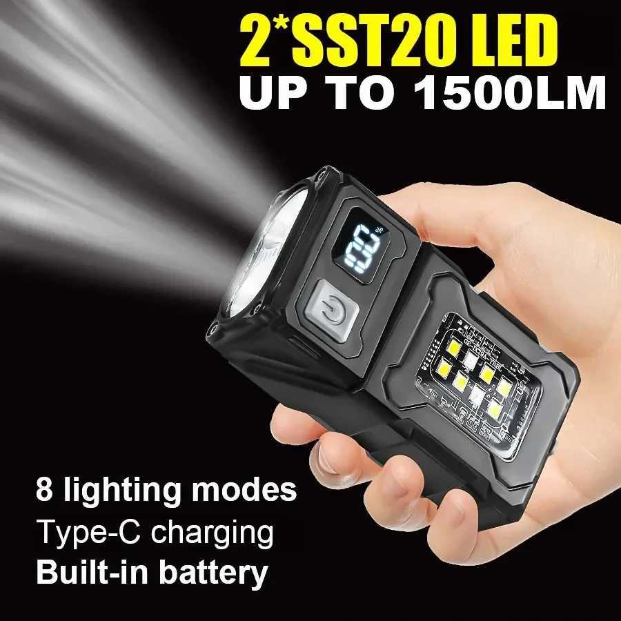 Multi-function Mini LED COB Flashlight Dual Light Source Super Bright Portable Torch Type-C Rechargable Camping Emergency LampXJ250529