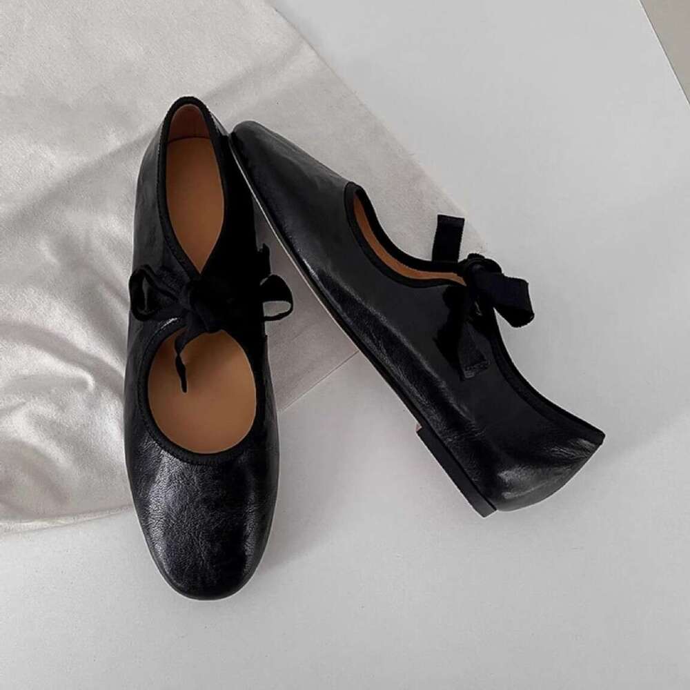 Genuine Leather Round Toe Shallow Mouth Lace-up Ballet Flats for Women 2025 Spring Summer New Leopard Print Flat Mary Jane Shoes