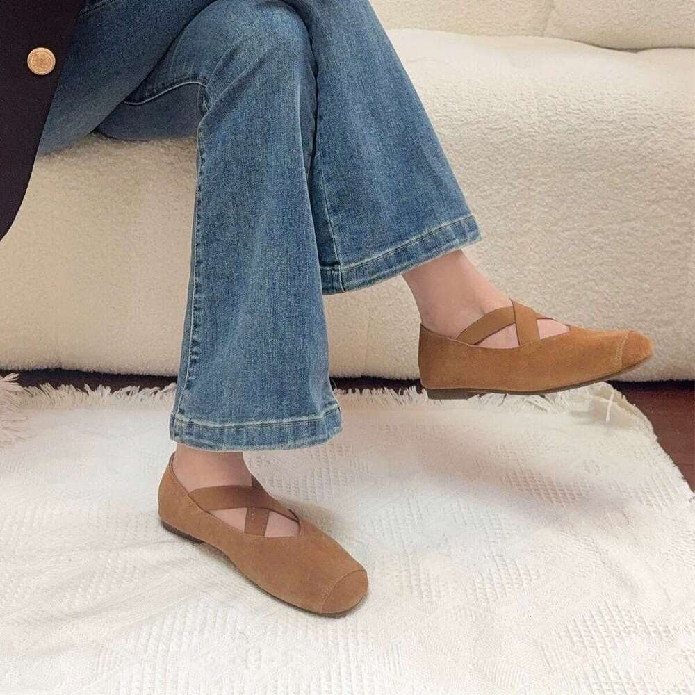 Genuine Leather Niche Suede Round Toe Cross Strap Flat Ballet for Women Spring and Autumn New Mary Jane Shoes