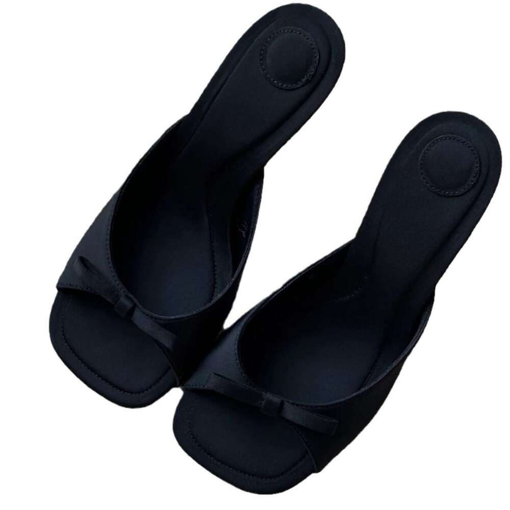 French Style Niche Genuine Leather Velvet Bow High Slippers for Women Outdoor Summer New Mules Thin Heel Sandals