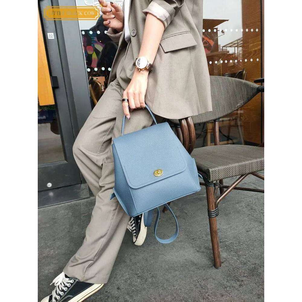 Genuine Leather Backpack Women Casual Fashion Buckle Flap Bag High Street Solid Color Vintage Versatile Backpacks Female
