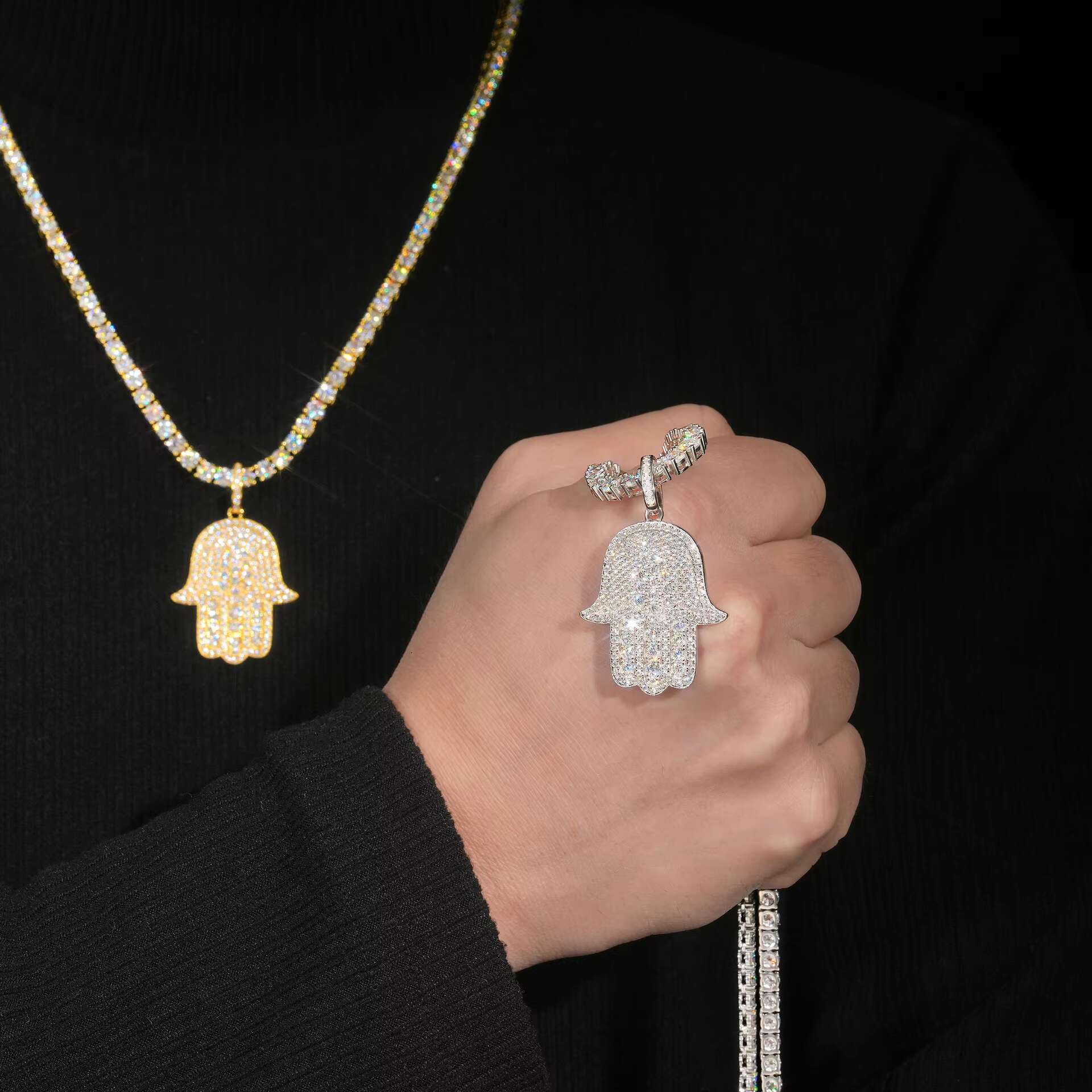 Hip Hop Jewelry Iced Out Custom Necklace Rapper Hand of Fatima Moissanite Necklace 925 Silver VVS Mossanite Mens Pendant