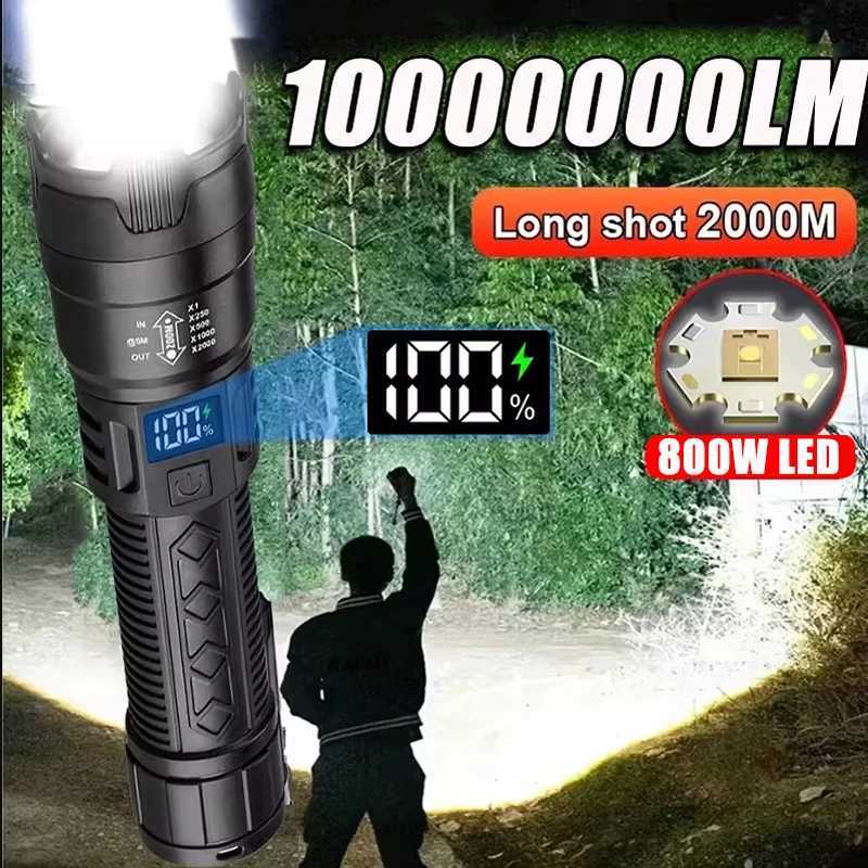 High Power 2000LM LED Flashlight with Built-in Battery USB Rechargeable Strong Light Tactical Torch for Outdoor Camping and Hiking Lantern XJ250529