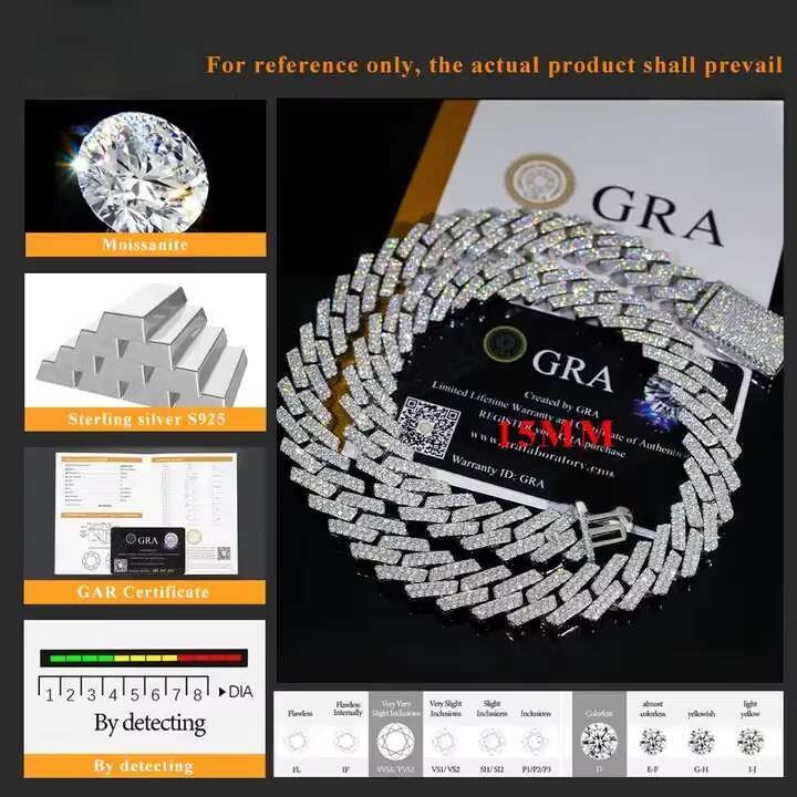15mm Moissanite Necklace America Hot Selling 925 Sterling Silver Hip Hop Jewelry Iced Out Cuban Link Chain