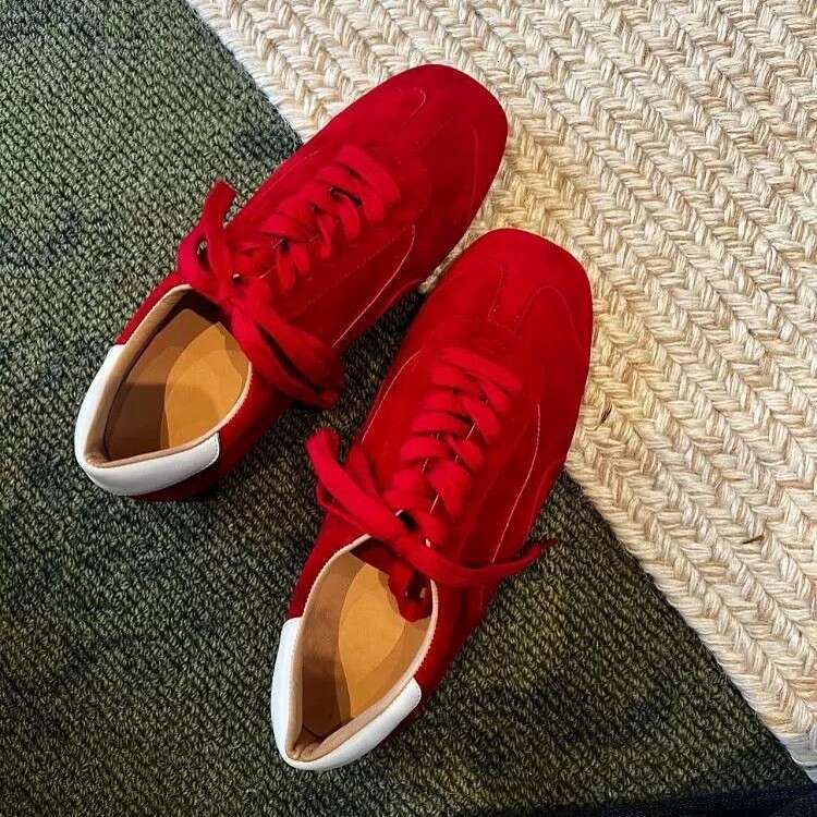 Genuine Leather Red Square Toe Flat Agan Casual Lightweight Sneakers Versatile Lace-up German Training Women's Shoes