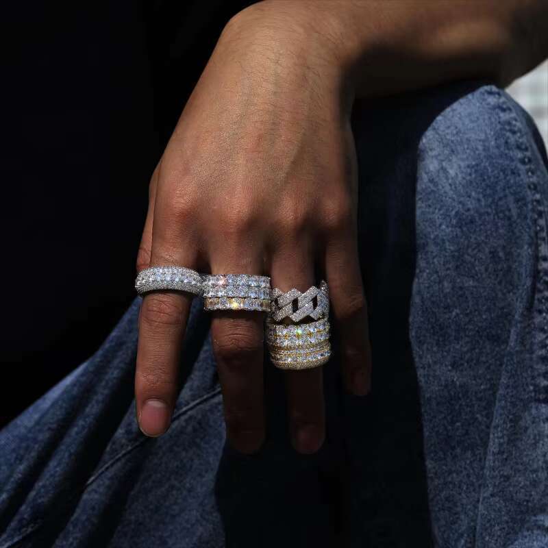 Fine Jewelry Iced Out Hip Hop Cuban Link Ring Gold Plated 925 Sterling Silver VVS Moissanite Diamond Finger Band Ring for Men