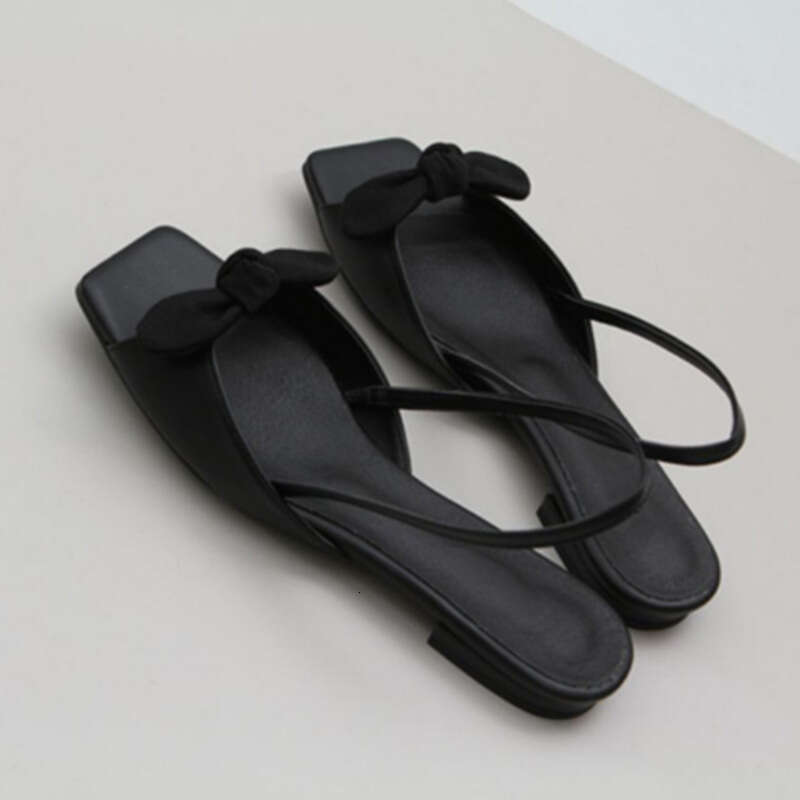 French Style Velvet Green Square Strap Open Toe Sandals for Women Summer Bow Flat Low Heel Slippers