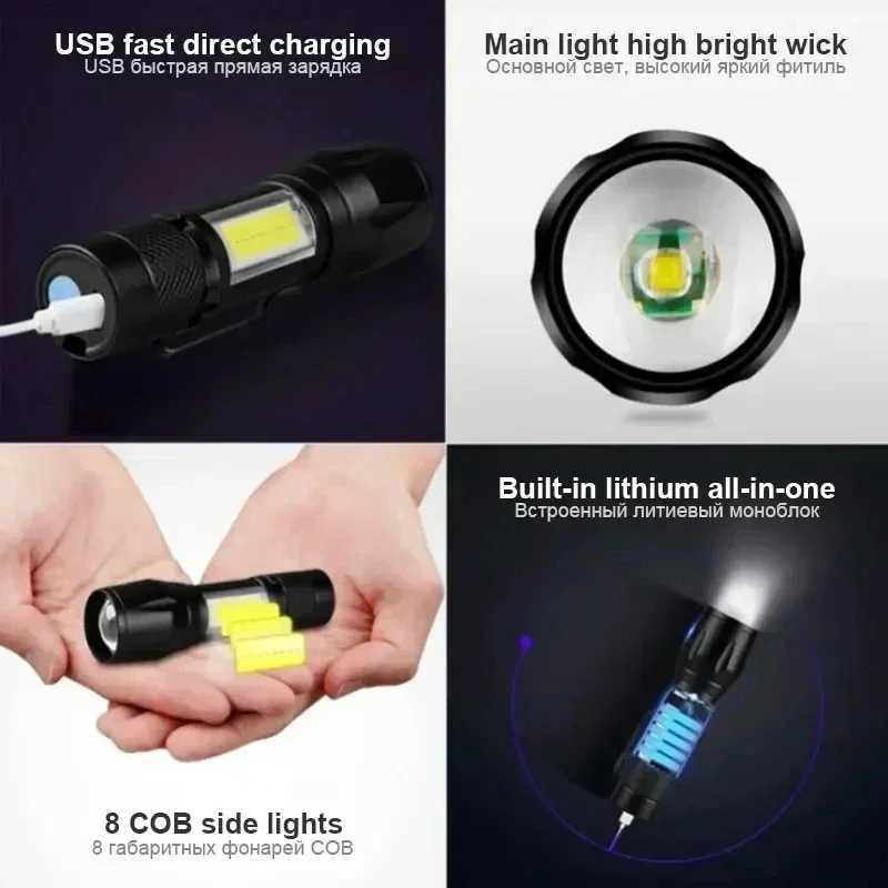 Mini LED Rechargeable Flashlight COB+XPE Zoomable Torch 3 Modes Built-in Battery Flashlight Outdoor Camping Emergency Lantern XJ250529