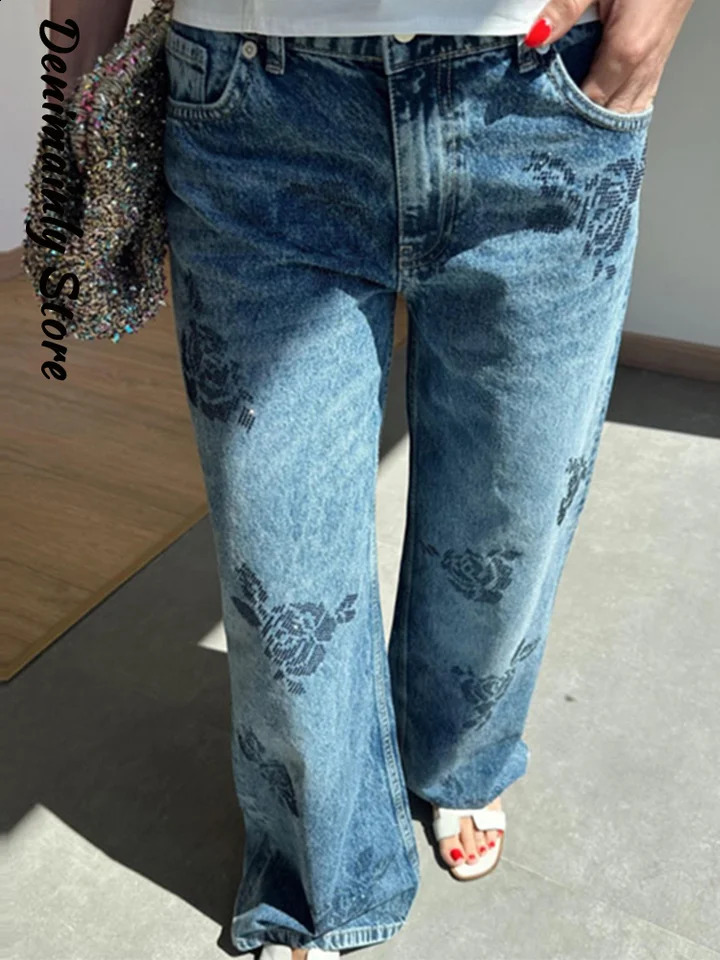 Casual Flower Shaped s Woman Jeans Denim Low Waist Loose Straight Trousers 2025 Fashion High Street Lady Pants 250516Z