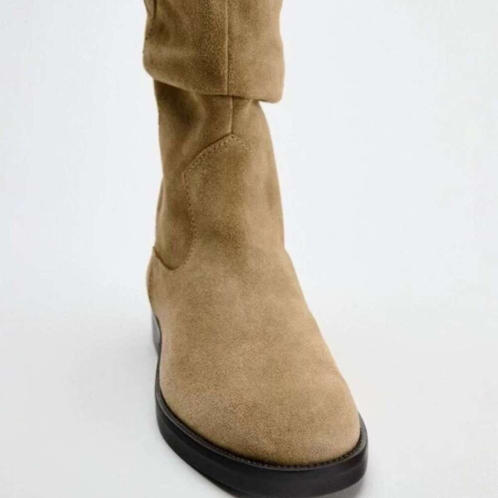 Melard Round Toe Western Cowboy Chunky Heel Thick Sole Mid-Calf Autumn Winter Fleece Lined Slouch Women Boots