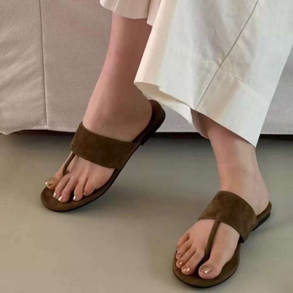 Sheepskin Version ~ Korean Style Suede Toe-Post Flat Sandals for Women Outdoor Wear 2025 Summer New Fashionable Slippers