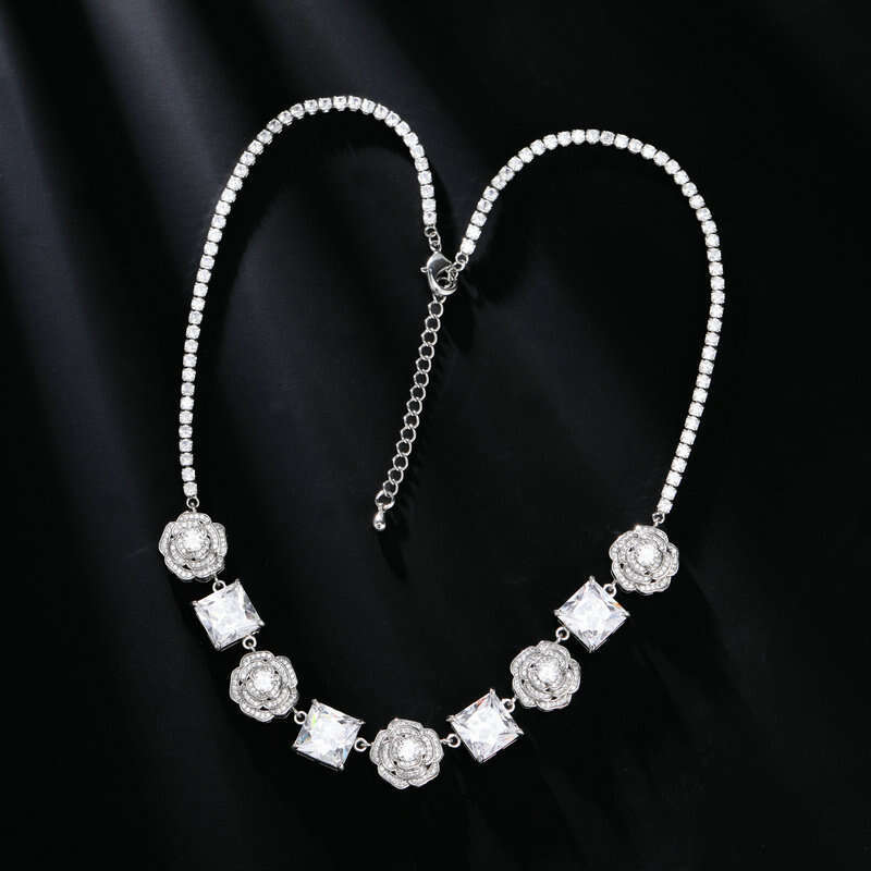 High-end Zircon Camellia Necklace Light Accessories Clavicle Chain Bracelet Earrings Dress Matching Elegant Jewelry Set
