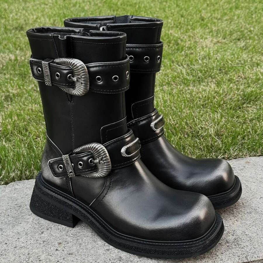 Milad Style Tube Riding Boots, Distressed Martin for Women, Autumn and Winter Thick Sole Chunky Heel Belt Buckle Short Boots