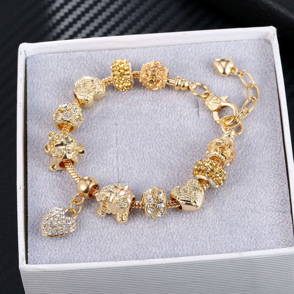 Electroplated Color-Retaining KC Gold Full Dia Heart Pendant Alloy Large Hole Beaded Bracelet DIY Jewelry