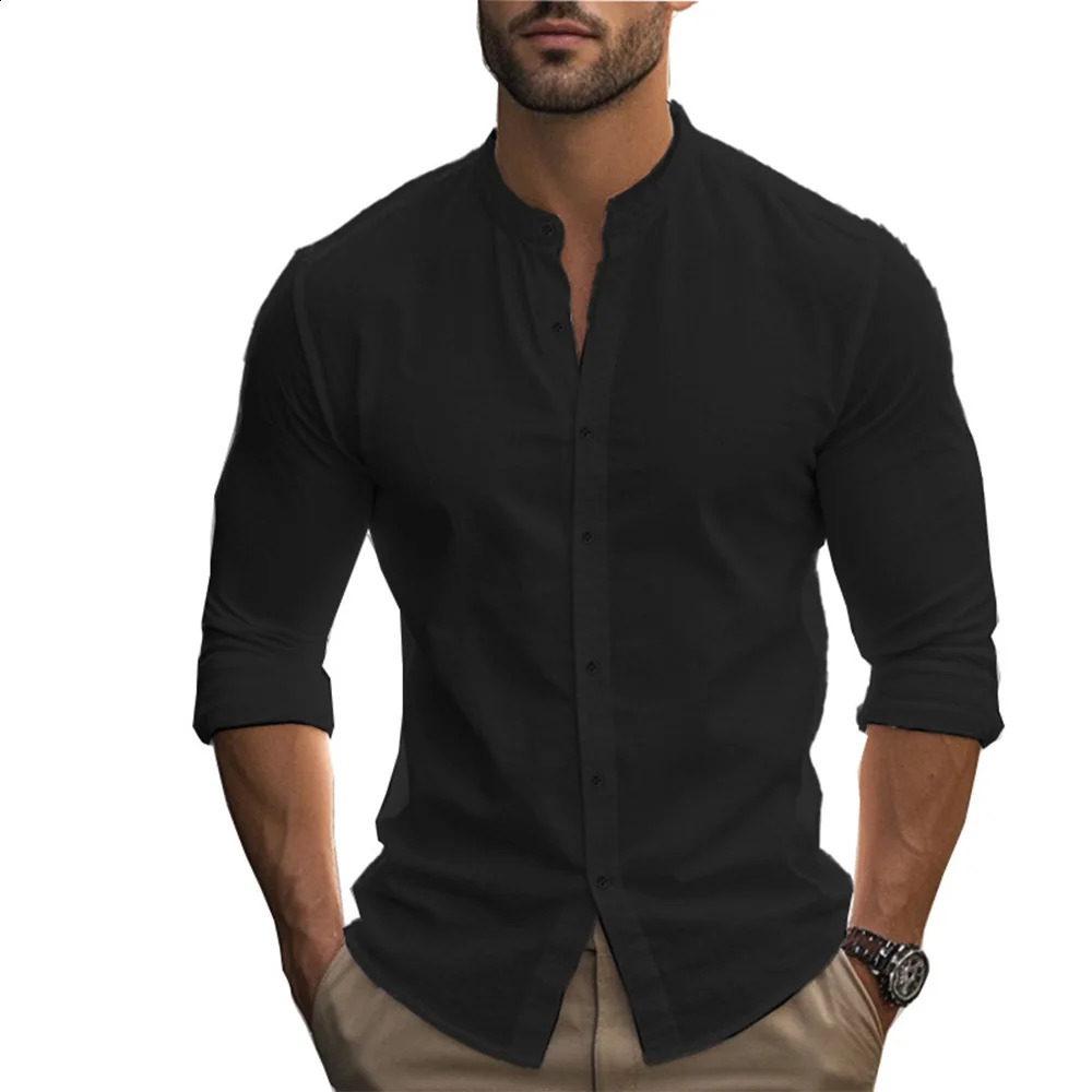 Mens Henry Shirts Cotton Linen Slim Fit Casual Hawaiian Solid Color Basic Style Spring Summer Breathable Mens Clothing 250528