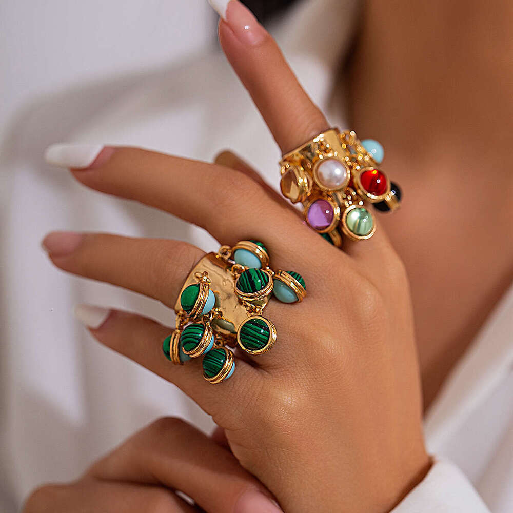Jewelry Palace Inlaid Geometric Niche Malachite Round Alloy Open Ring