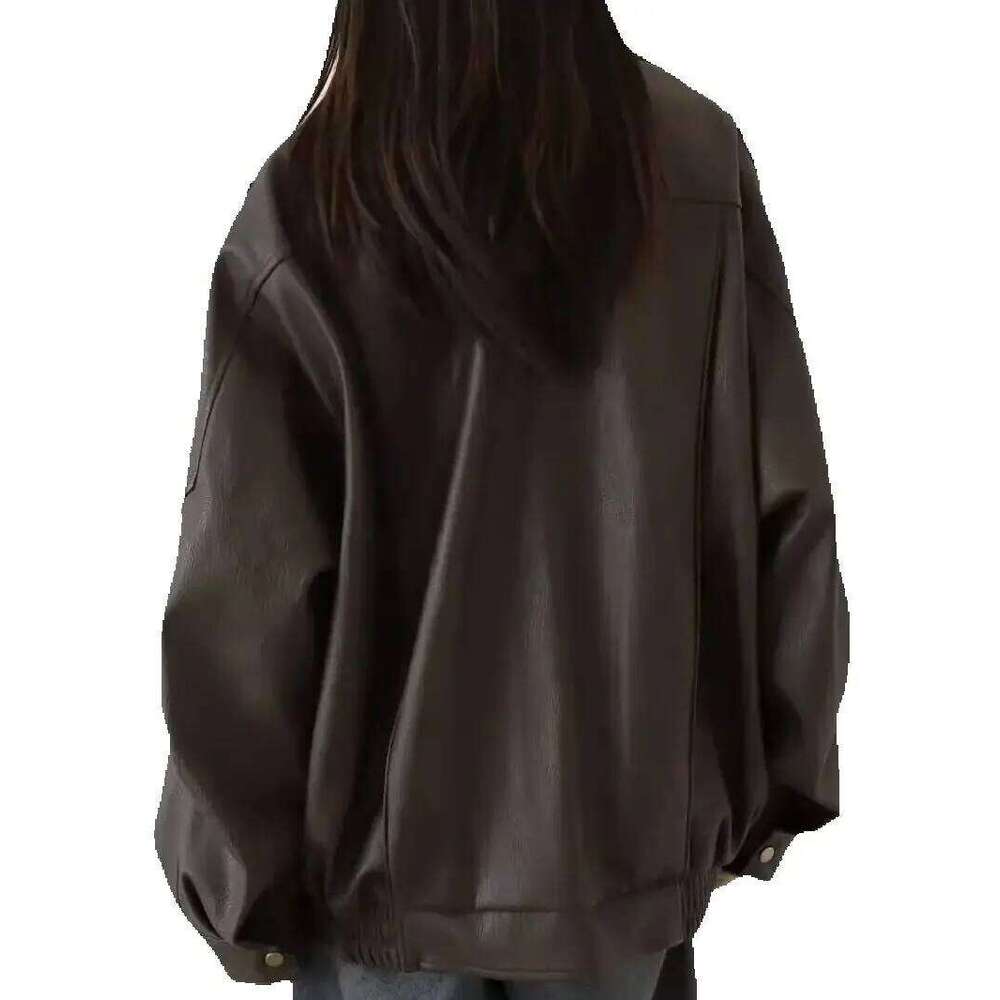 2025 Women's Dark Coffee Faux Leather Oversized BF Jackets Lady Moto Biker Punk Hip-hop Loose PU Zipper Coats Streetwear