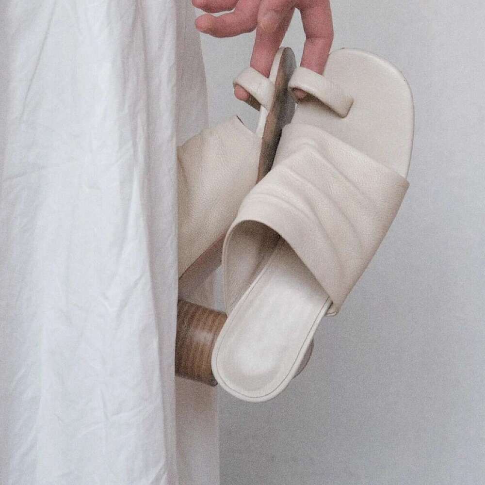 Genuine Leather Korean Style 2024 Summer New Square Toe Folded High Chunky Heel Sandals for Women Fashionable Outdoor Slippers