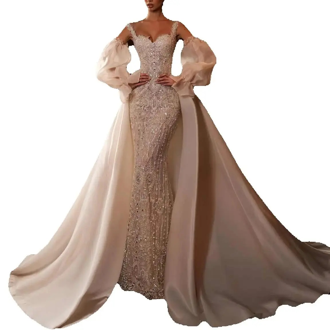 Elegant Sweetheart Wedding Dresses Sexy Beaded Lace Crystal Wedding Dress Floor Length Detachable Train Customized Bridal Gowns