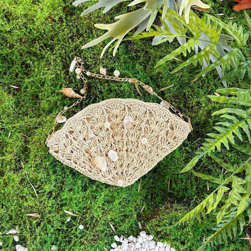 Women's Bags Designer Bohemian Conch Shell Straw Summer Pearls Beach Bags For Women Handbags And Purses Travel Hollow Woven Shoulder Bag Clutch
