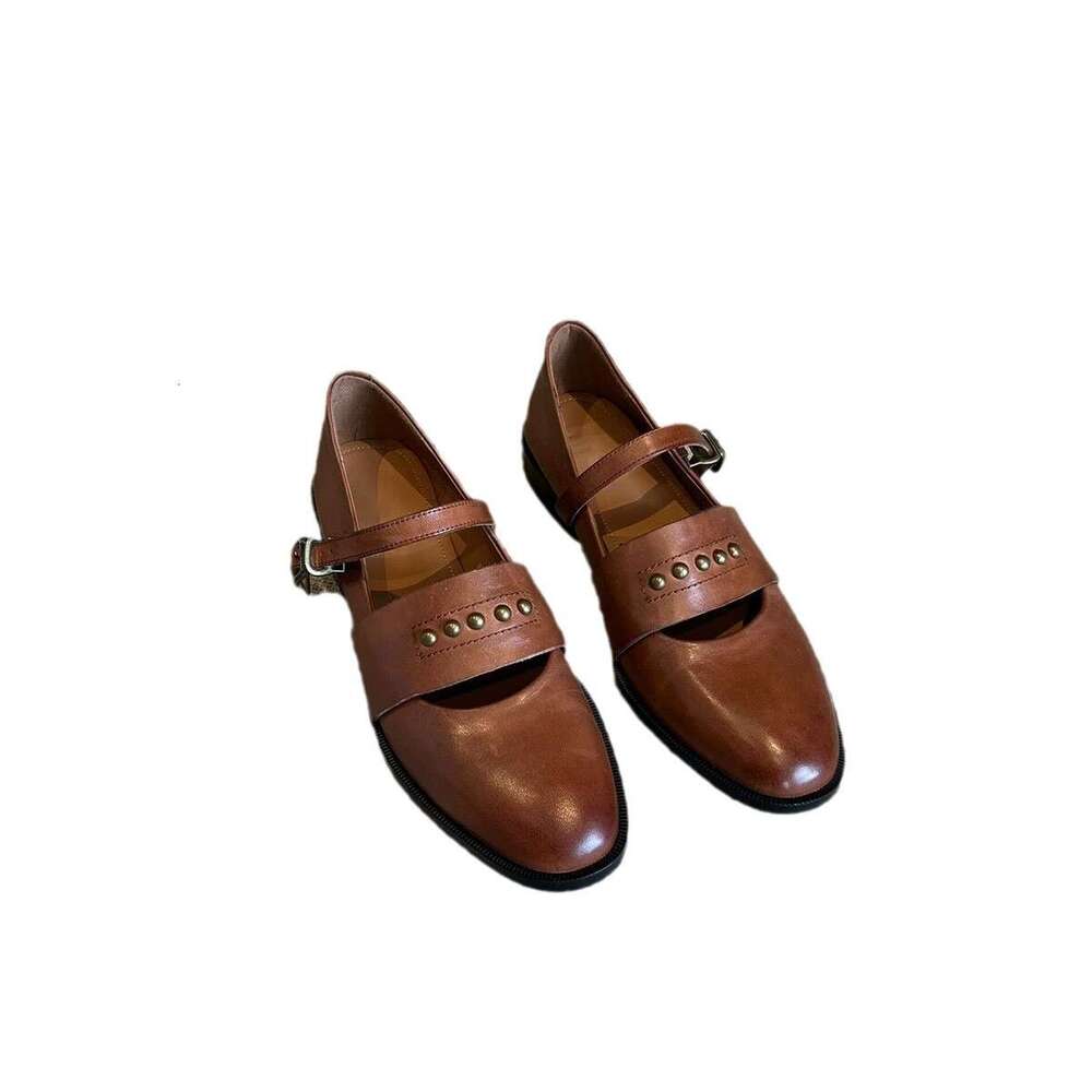 Genuine Leather British Style Studded Hollow Loafers Women 2025 Spring Chunky Heel Mary Jane Shoes