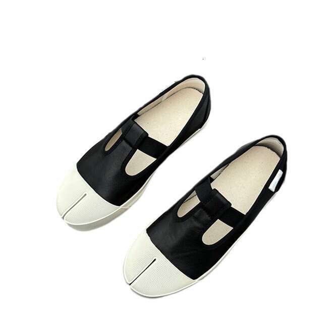 Genuine Leather Korean Style Niche Pig Trotter Split Toe Canvas for Women, White Thick Sole Flat Elastic Mary Jane Shoes
