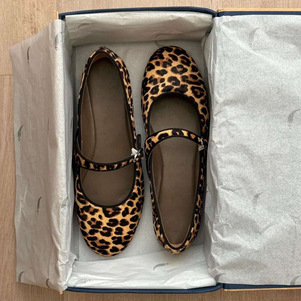 Genuine Leather French Leopard Print Round Toe Mary Jane Shoes with Strap for Women 2025 New Spring Ballet Flats