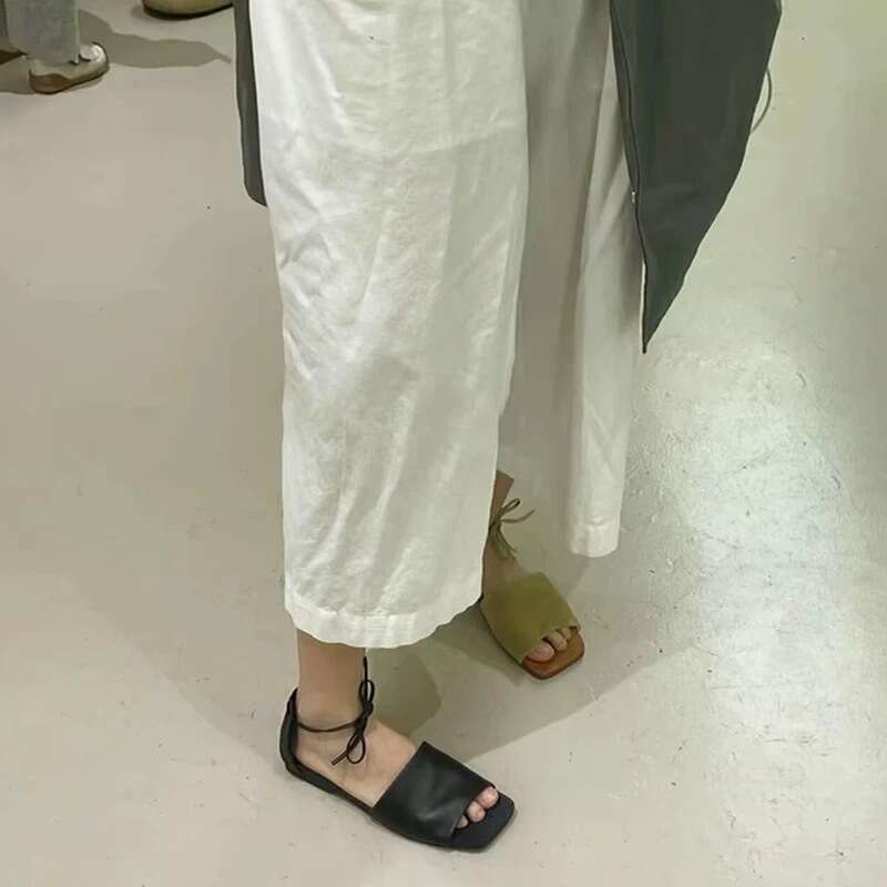 Cowhide Version ~ Korean Style Niche Open-Toe One-Strap Sandals Women 2025 Summer Flat Lace-Up Backless Half Slippers for Outdoor Wear